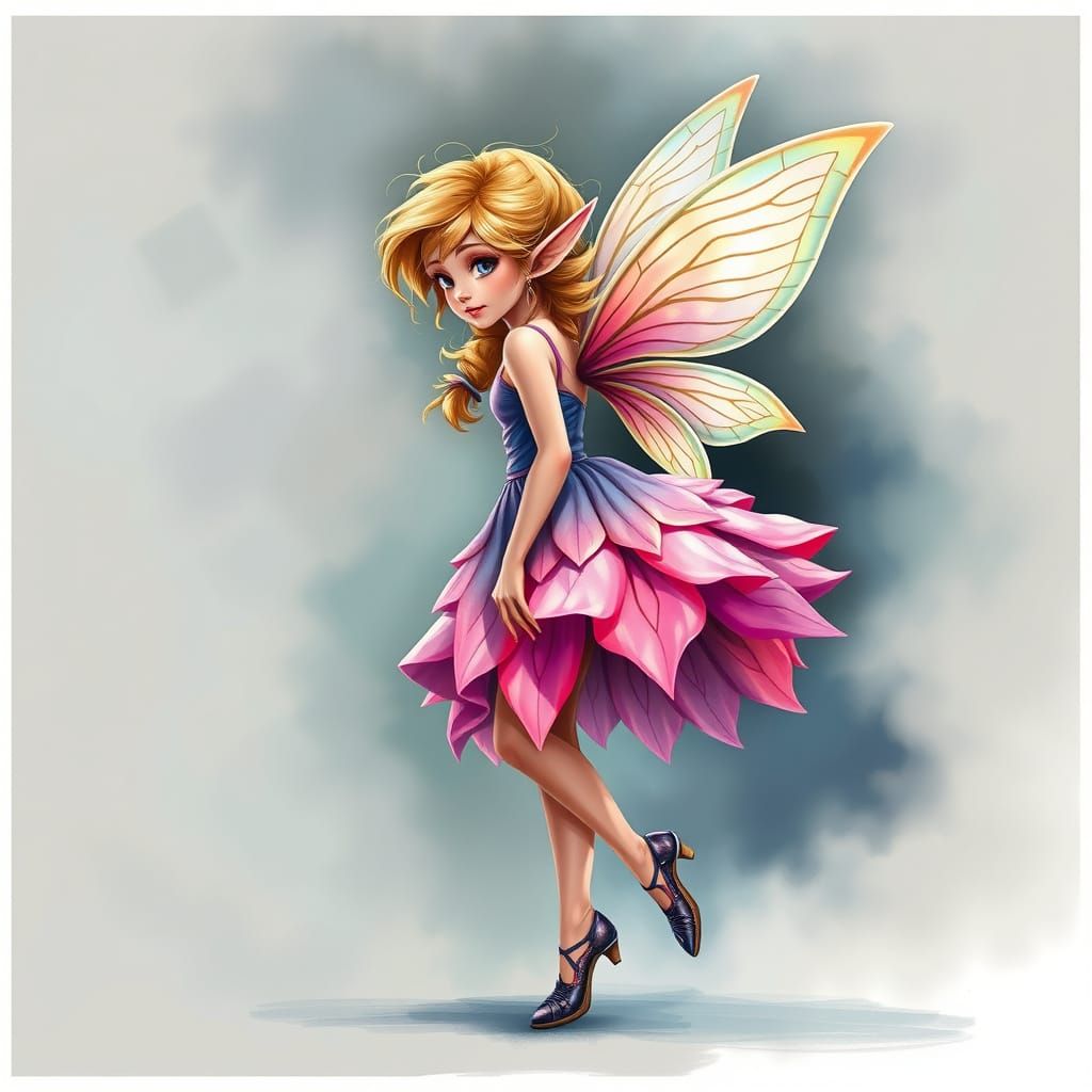 Petite Elf in a Flower Dress, Side View, in Airbrushed Reali...