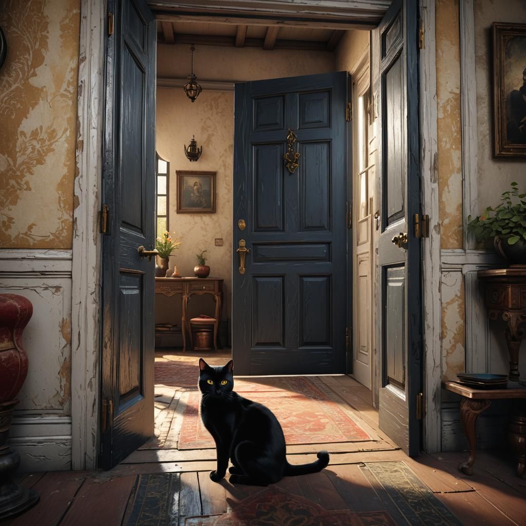 a black cat, inside a house, looking at a closed door waitin...