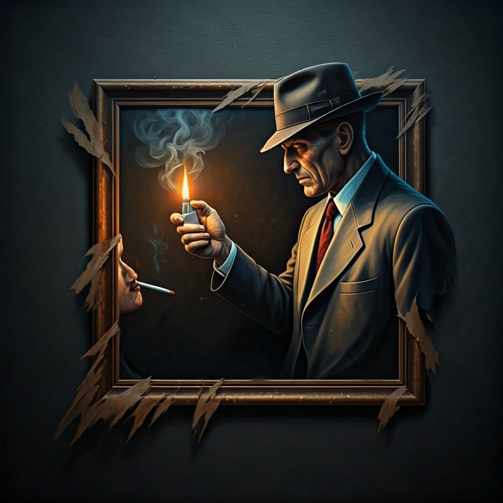 Film Noir Scene with Man, Woman and Cigarette