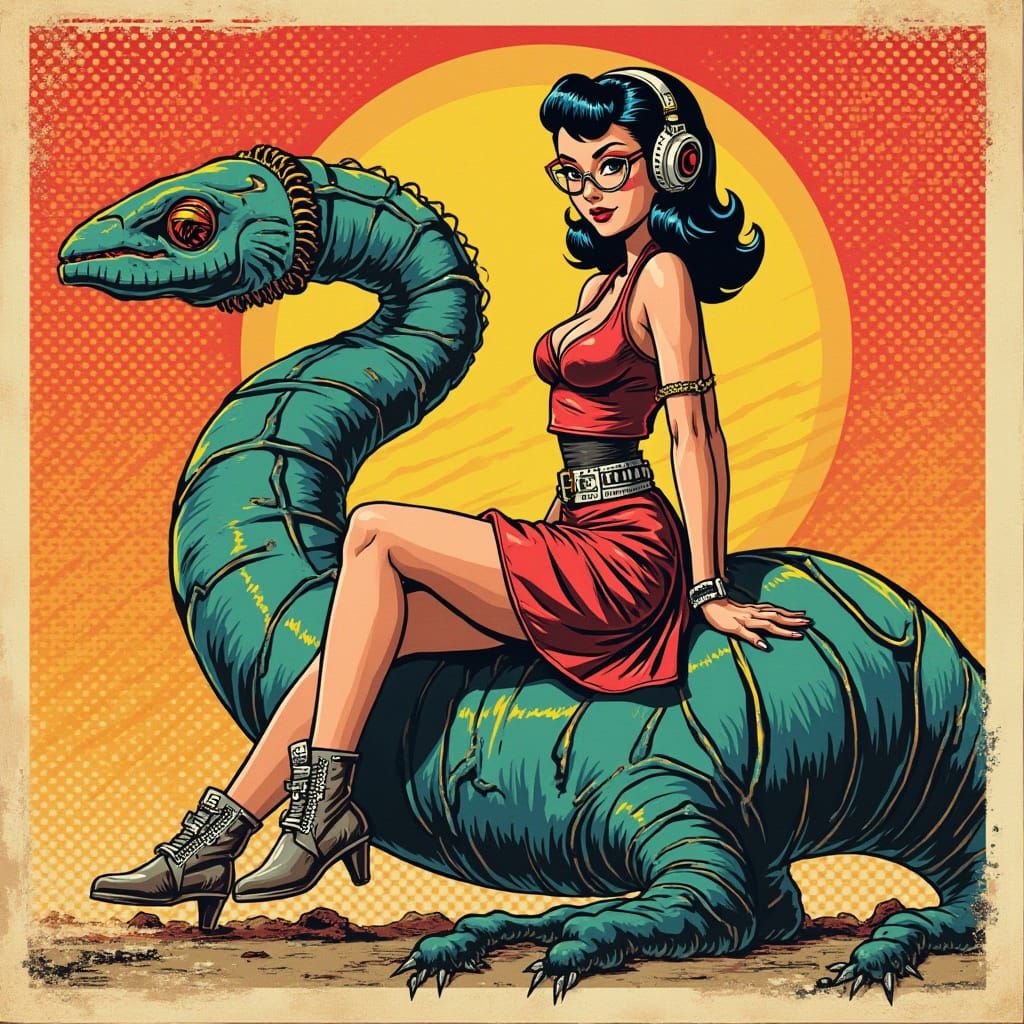 Retro Pin-Up Girl Rides Steampunk Sandworm in Pop Art