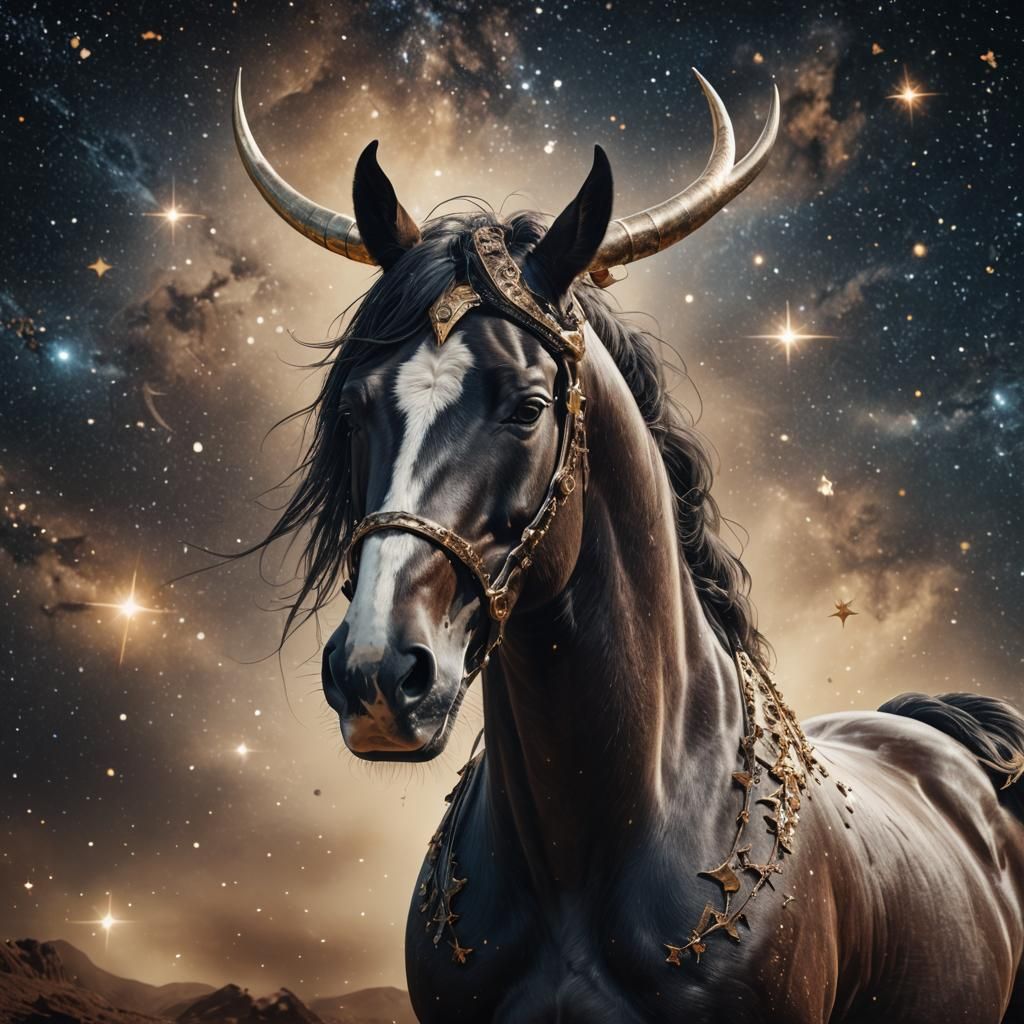 Horse with Bull Horns in Starry Landscape