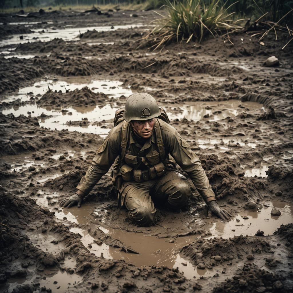 Dramatic Film Still of Soldier Stuck in Mud