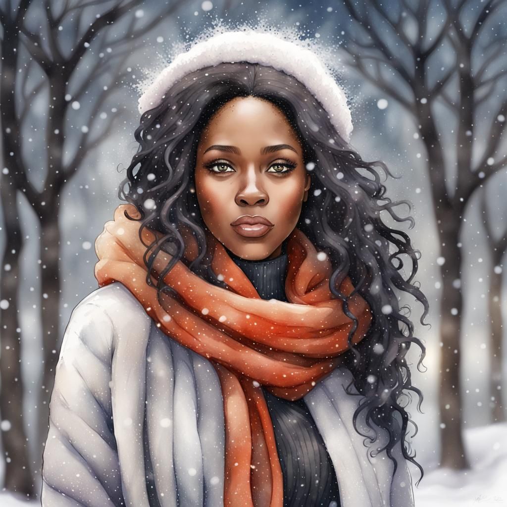 A stunning perfect African American woman bundled up for winter weather