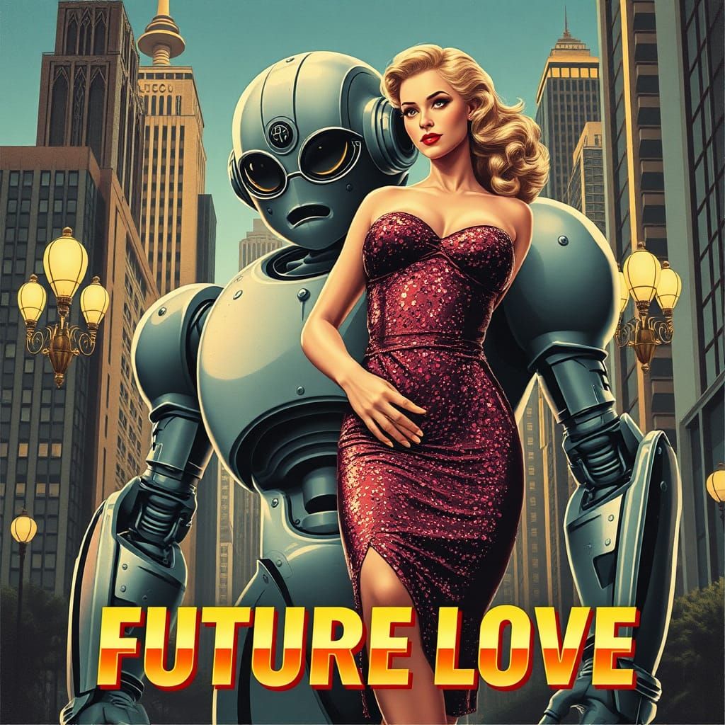 Retro Cyborg and Woman in Art Deco Cityscape