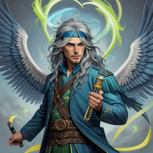 This pegasus is male with lime green eyes, an indigo coat, and a wavy azure mane. He wears a bandana and a headband. H...