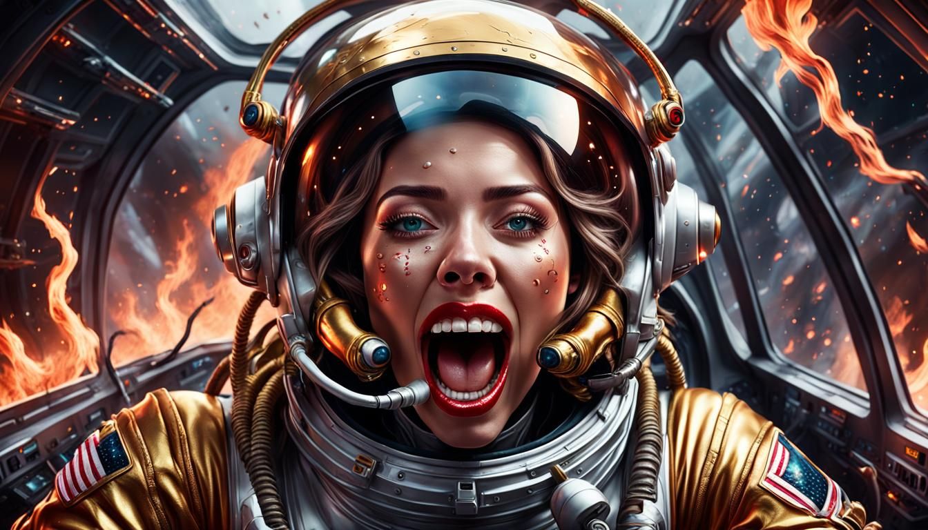 Girl Screaming in Spaceship Cockpit in Hyperrealistic Style