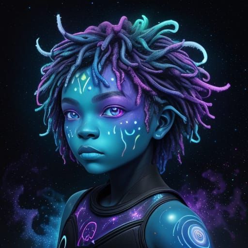 Bioluminescent Child in Cosmic Graffiti Art