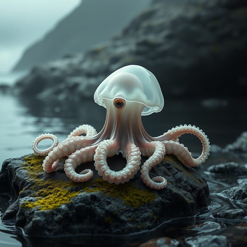 Surreal Octopus-Jellyfish Hybrid in Moody, Atmospheric Scene