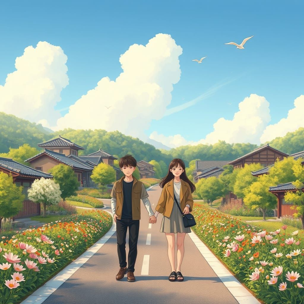 Korean Village with Hanok Houses in Whimsical Style