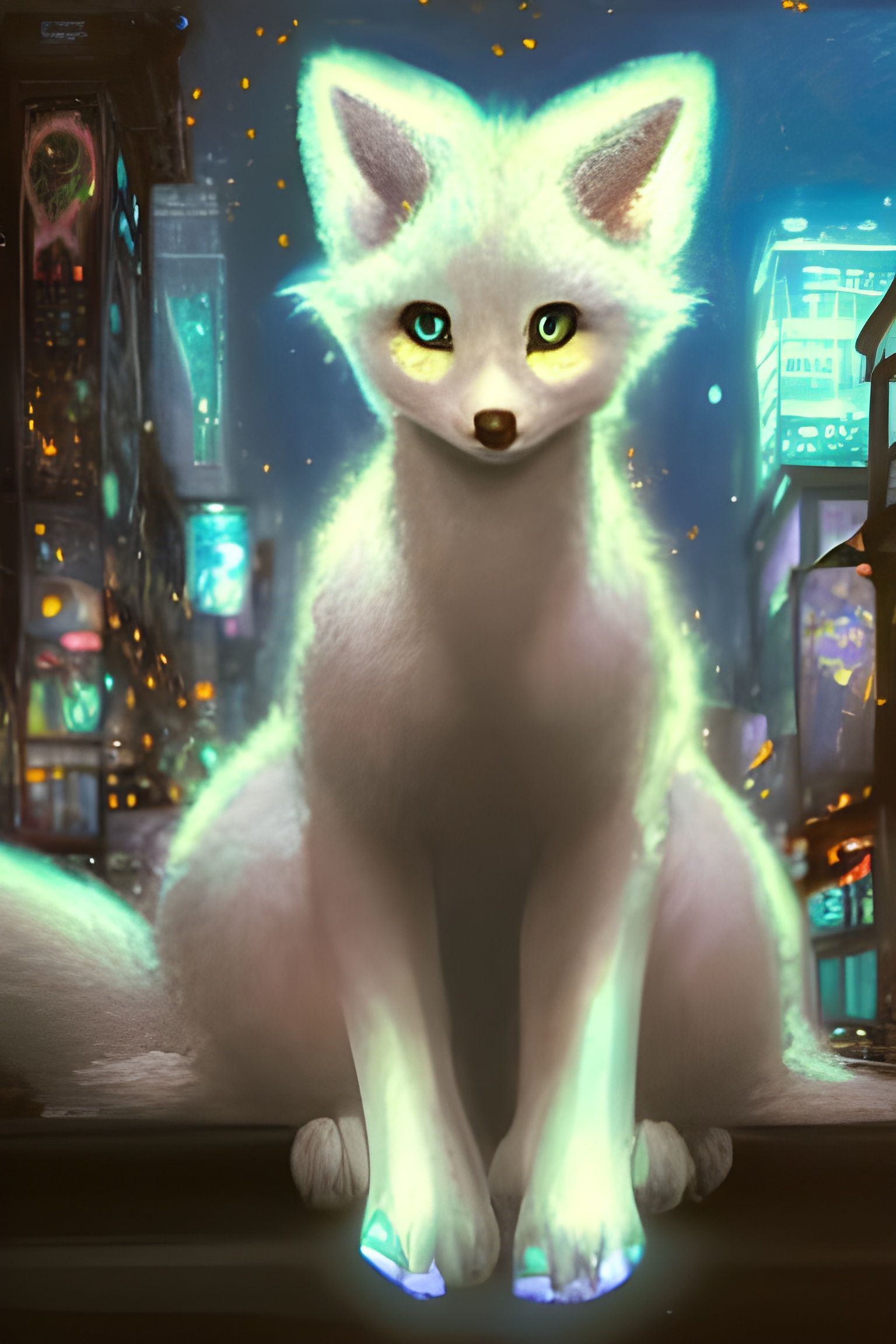 Ultradetailed headshot of a cute baby kitsune with fluffy white fur and big blue! glowing eyes standing in a big city, m...