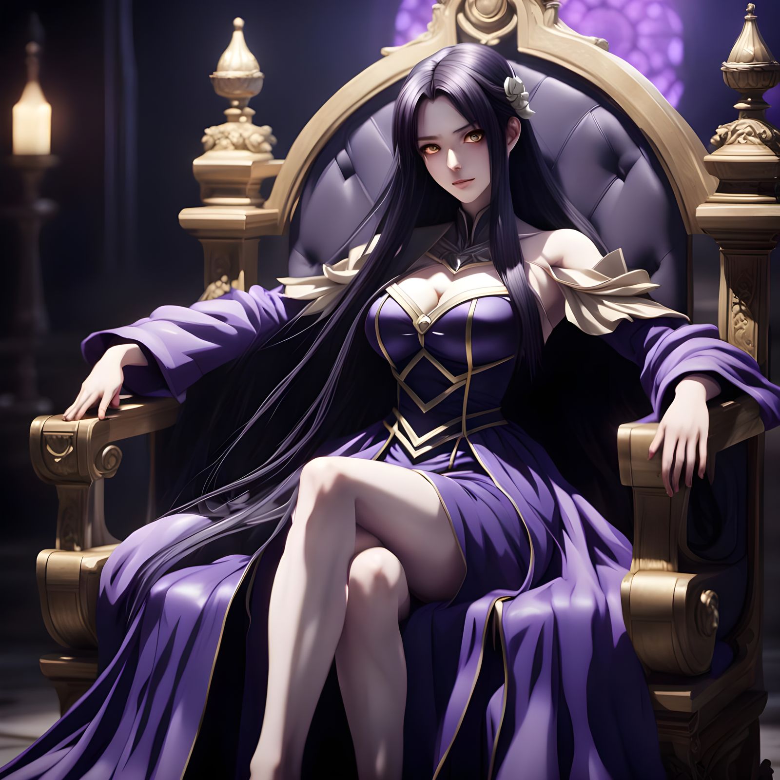 Hyperrealistic Anime Princess on Throne, Long Black Hair and...