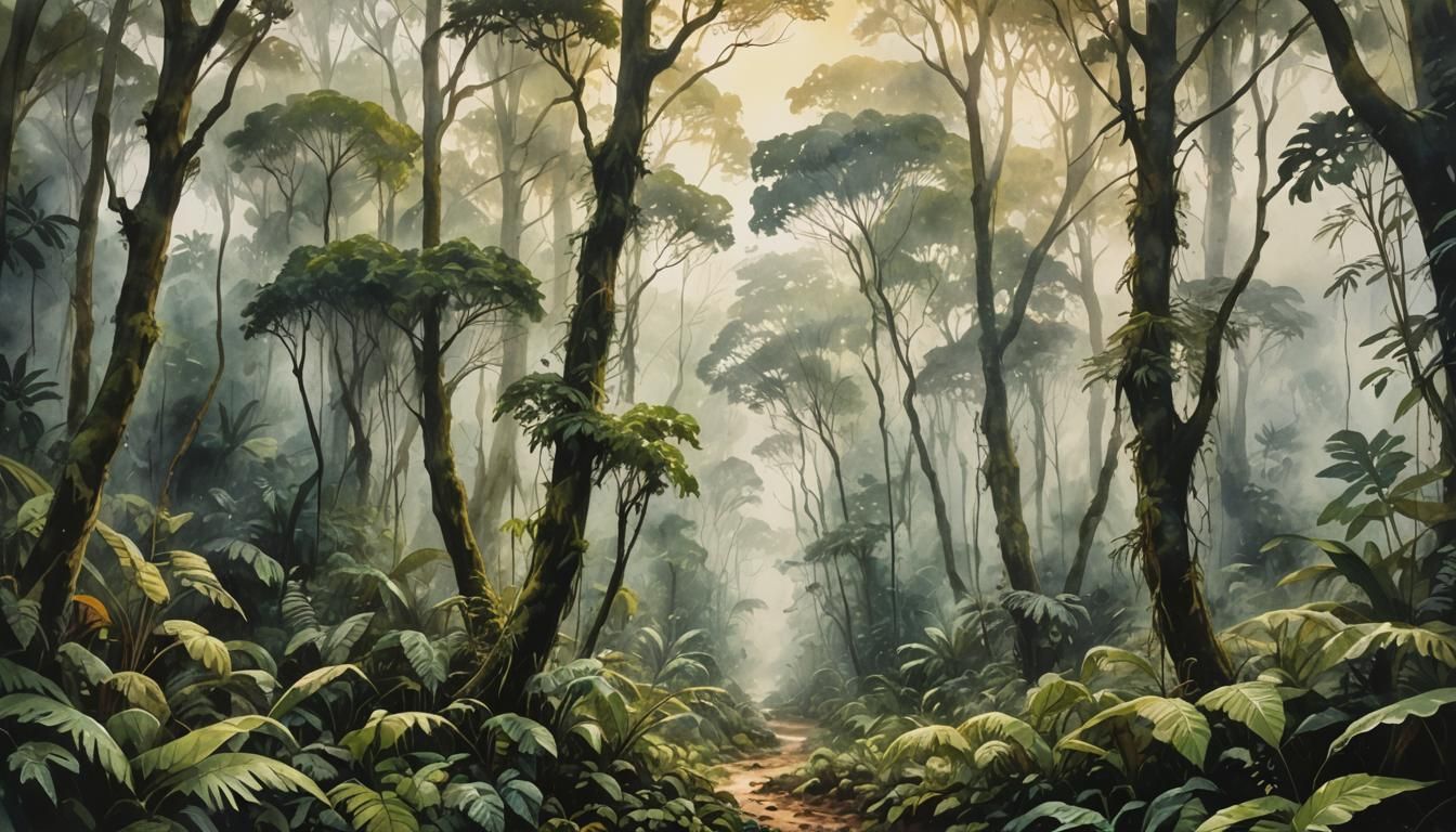 Lush Amazon Rainforest in Watercolor Style
