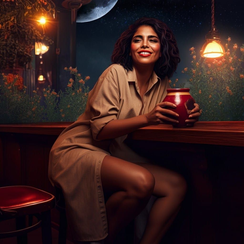 Latina in Pub with Craft Beer and Night Sky