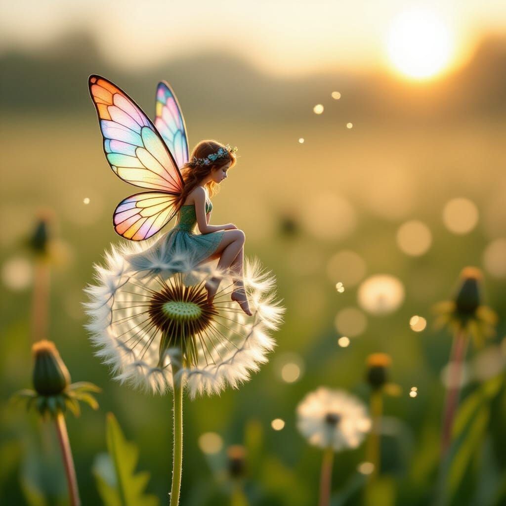Fairy on Giant Dandelion at Dawn, Stained Glass Wings