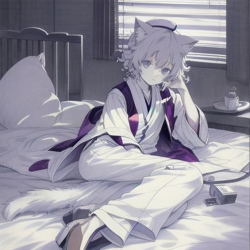 Anime Boy with Cat Ears in Kimono Style