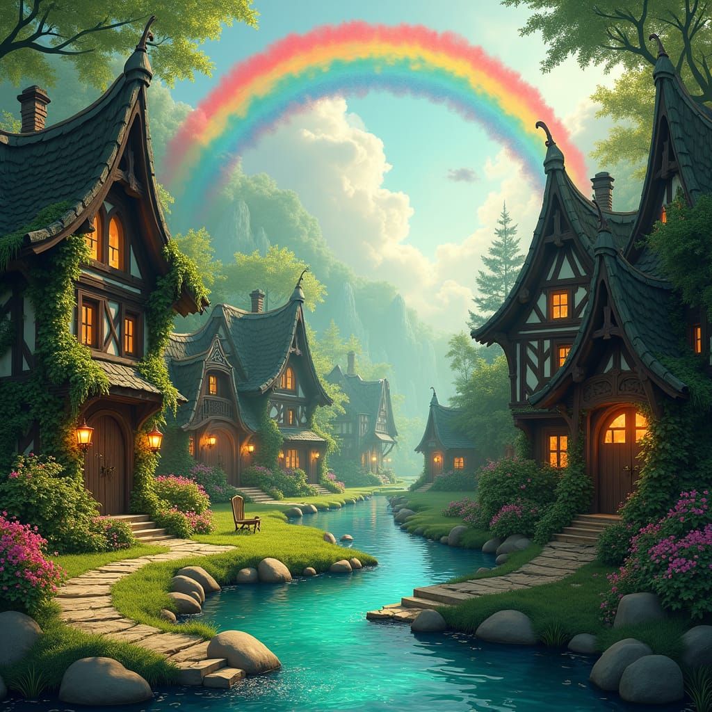 Enchanted Village Under Iridescent Double Rainbow