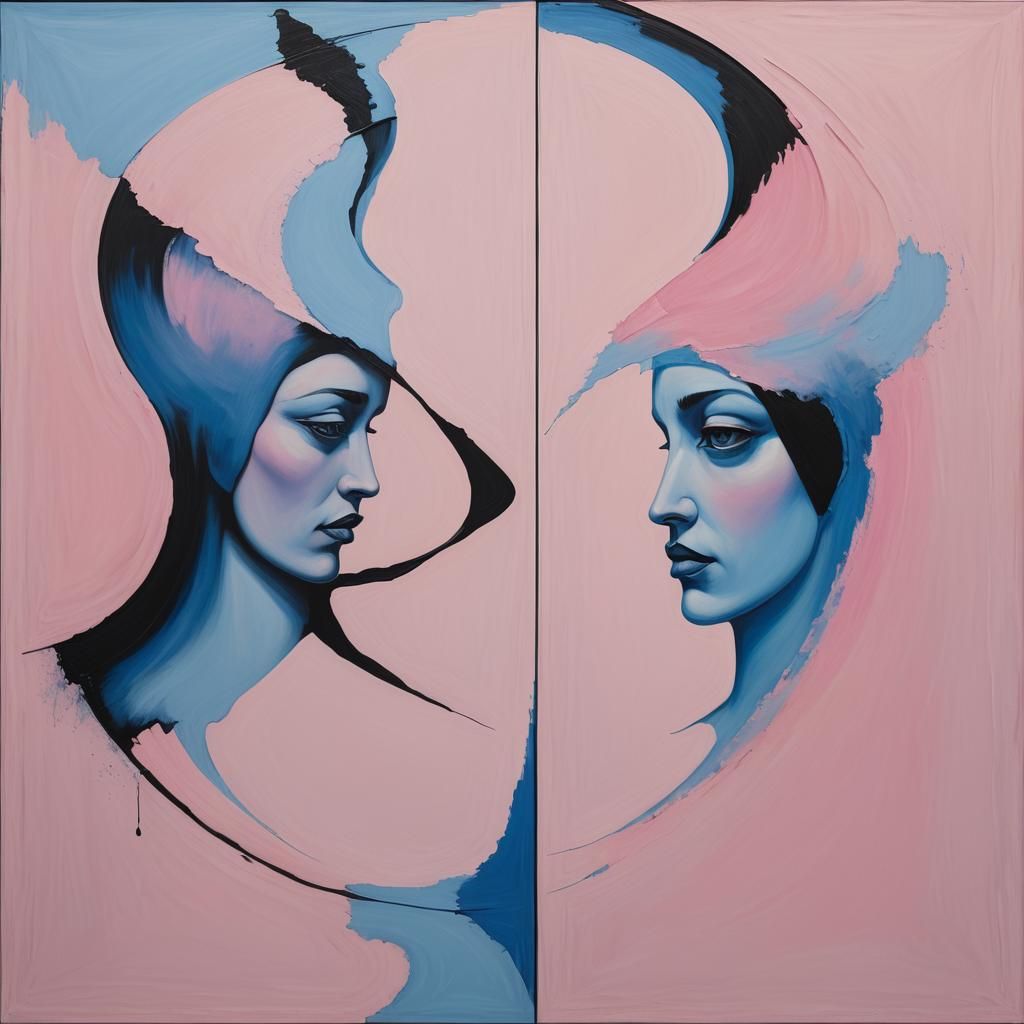 Striking Surrealist Painting of Duality in Watercolor