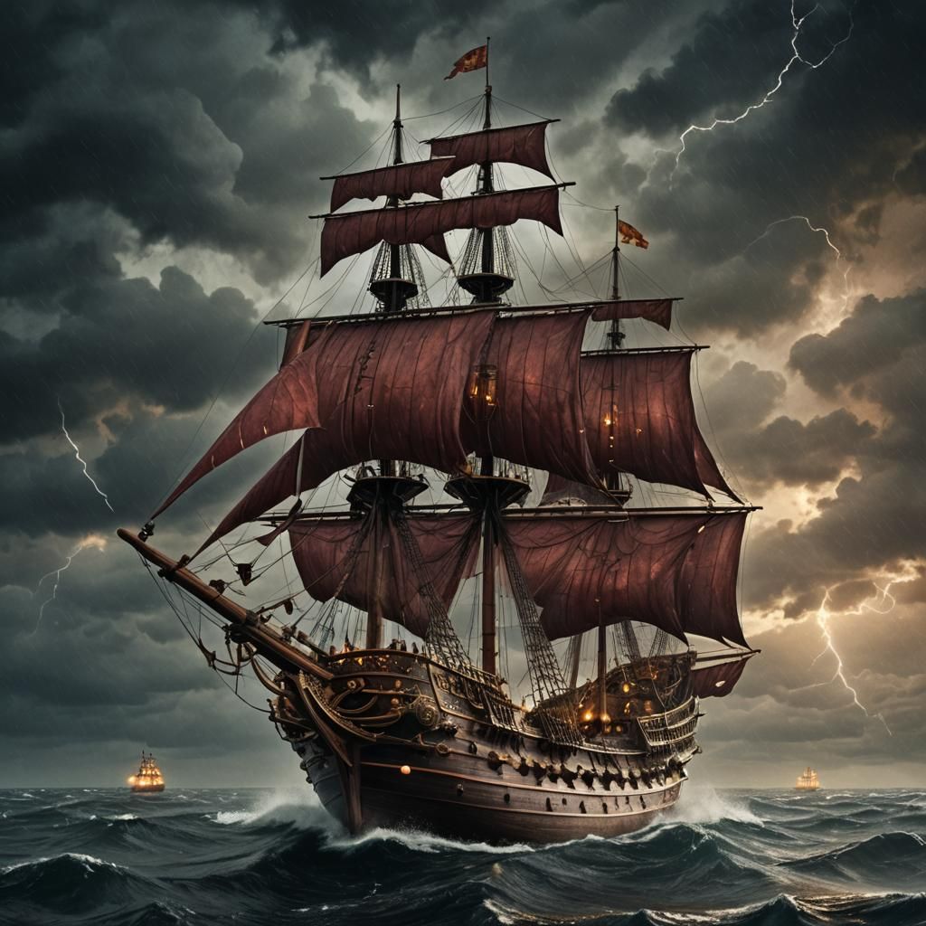 Medieval Man-o-War Ship on Stormy Sea