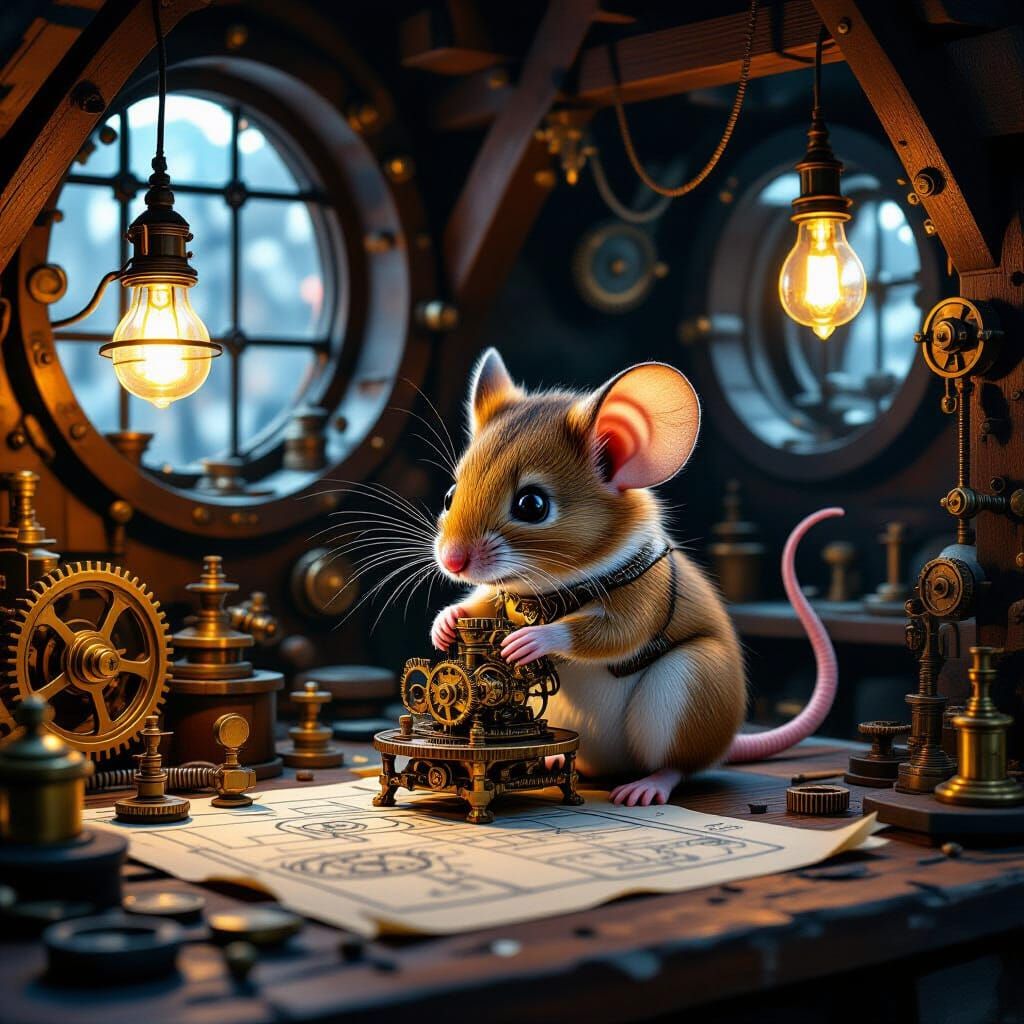 Steampunk Mouse Crafts Clockwork in Gaslit Workshop