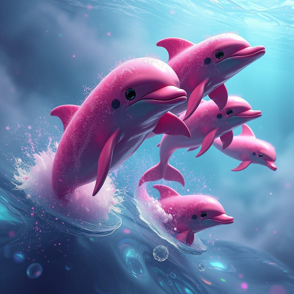 Vibrant Pink Dolphins in a Dreamlike Aquatic Scene
