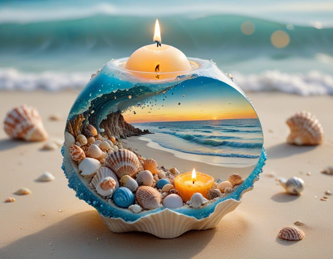 Hyper-Realistic Candle in Seashell with Fantasy Ocean