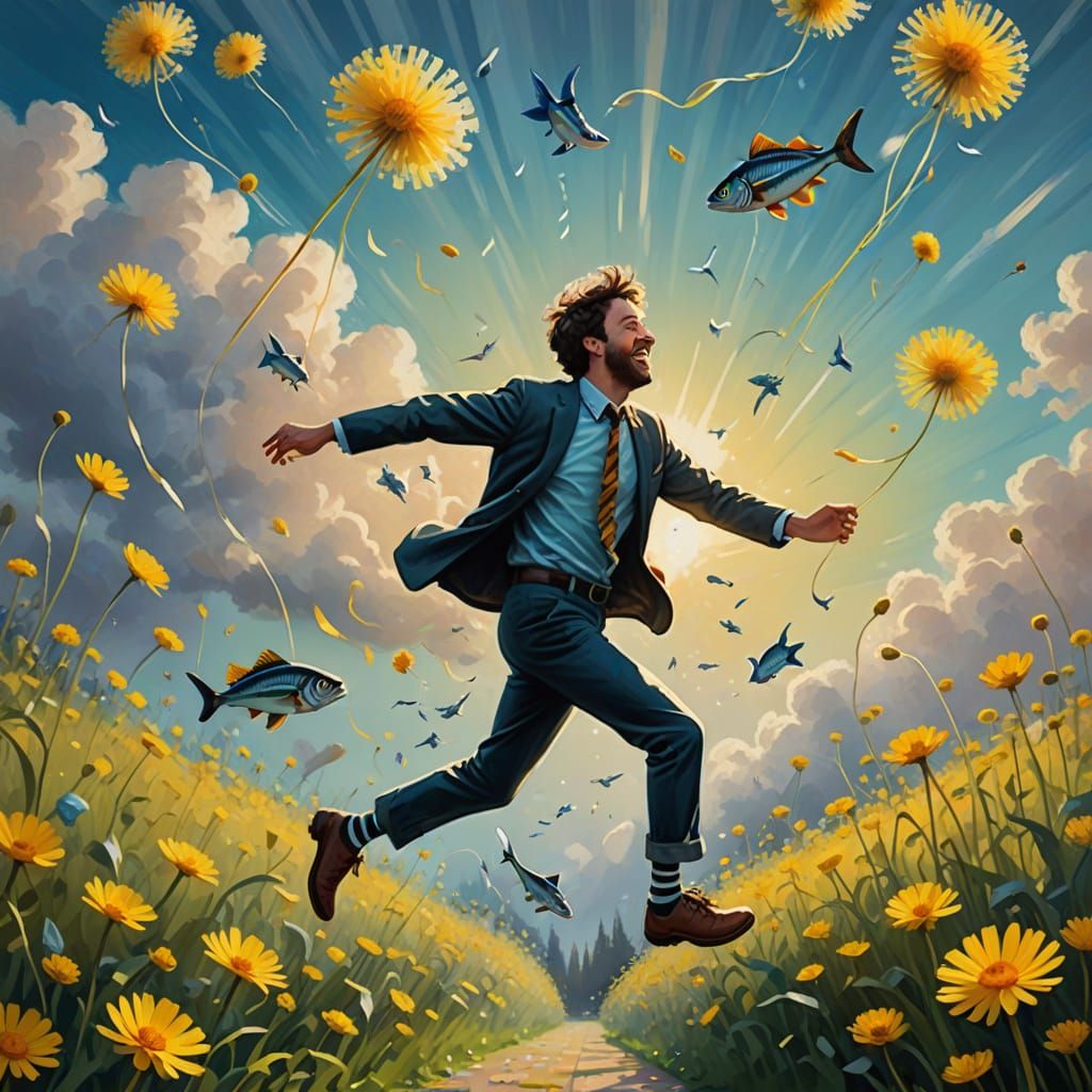 Joyful Person Defying Gravity with Flying Fish
