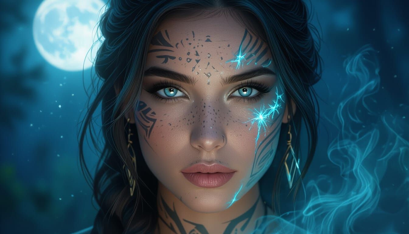 Mystical Woman's Soulful Gaze in Moonlit Clearing