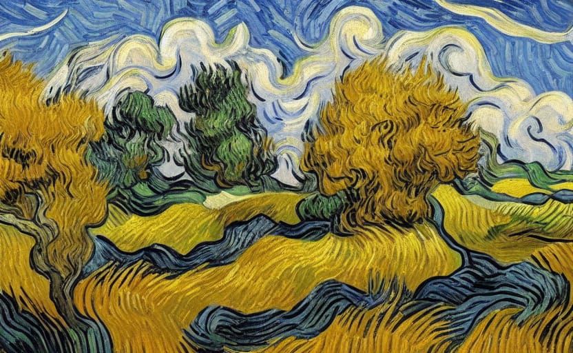 Wheat Field with Twisted Trees in Impasto Style