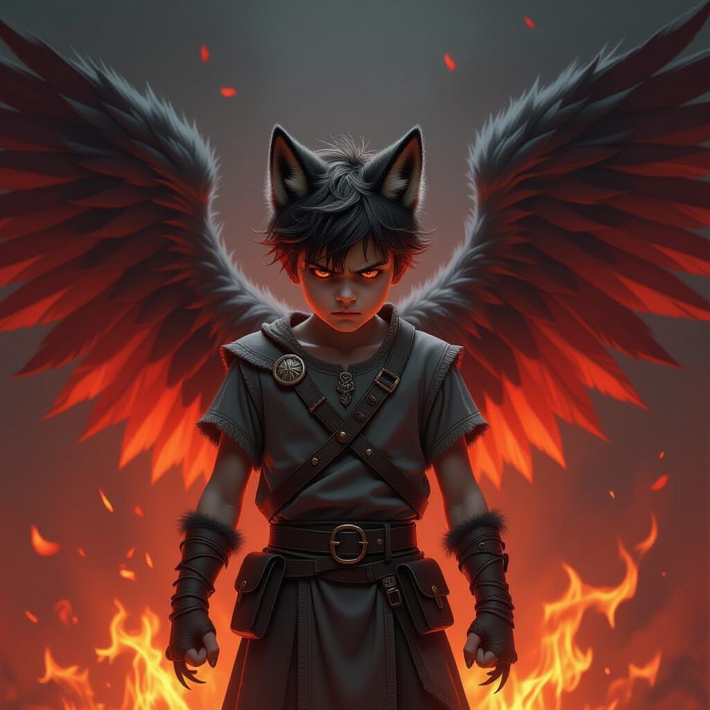 Wolf Boy with Fiery Wings in Dark Fantasy