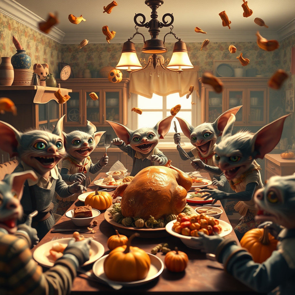 Gremlins Cause Thanksgiving Disaster: Anime-Inspired 3D Rend...