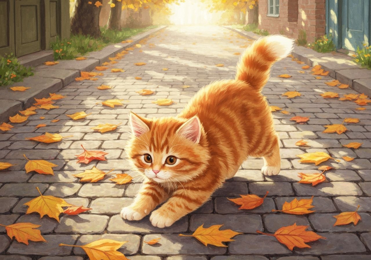 Fluffy Kitten Plays in Autumn Leaves on Cobblestone Street