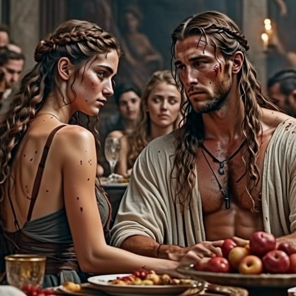 Ariadne and Dionysus at a Banquet in Hyperrealistic Style