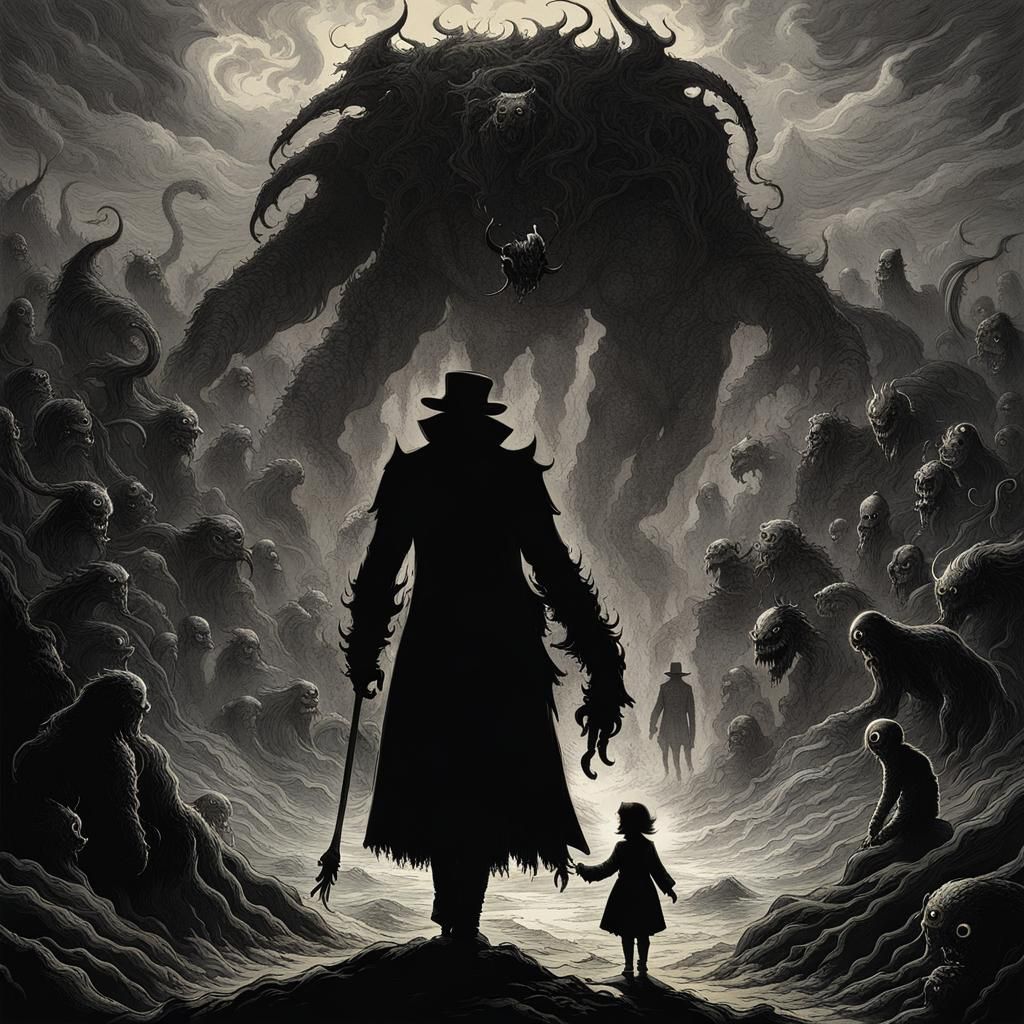 Couple Surrounded by Monsters in Horror Style