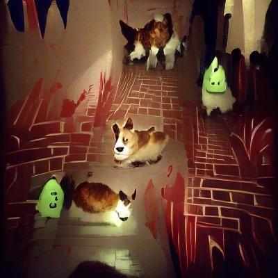 Corgis in a Haunted Hallway with Ghosts