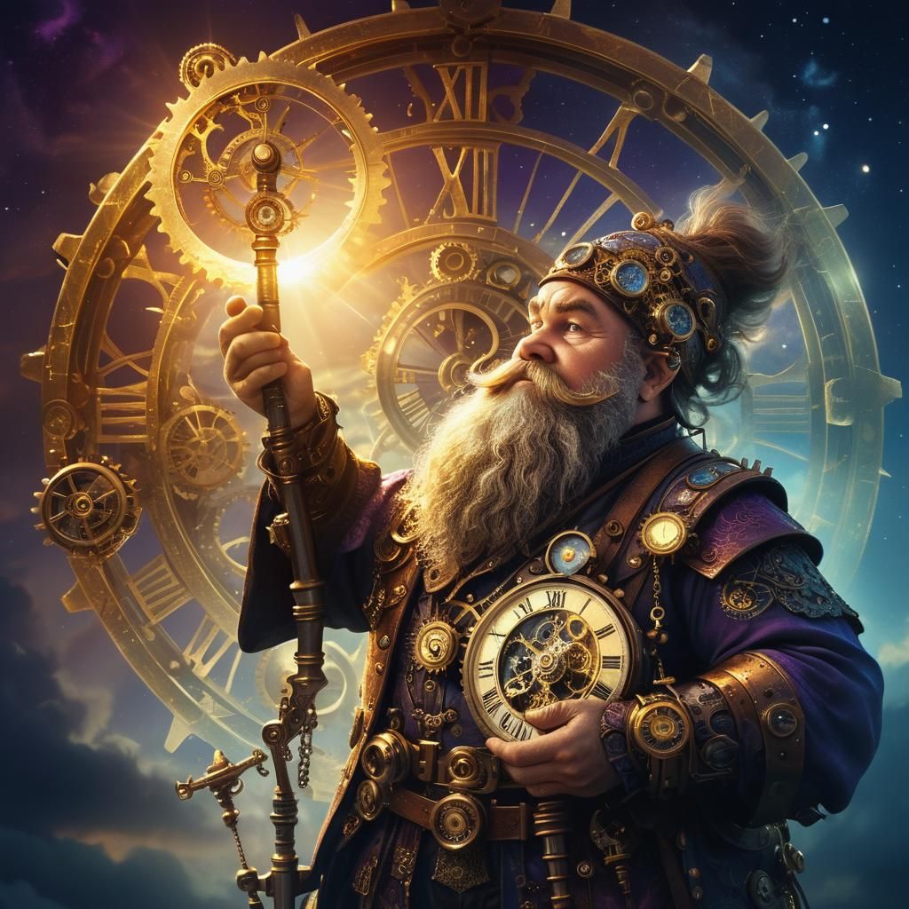 Steampunk Dwarf Time Keeper with Sun and Moon