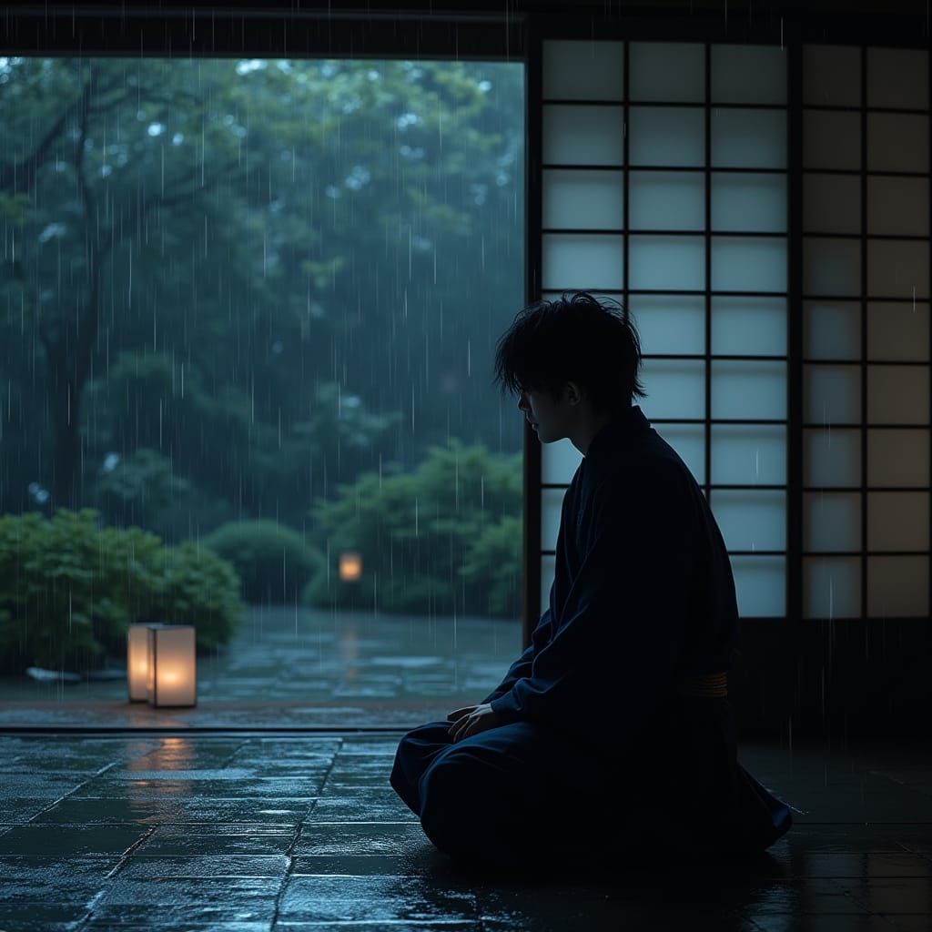 Ninja Contemplates Rainy Japanese Garden at Midnight