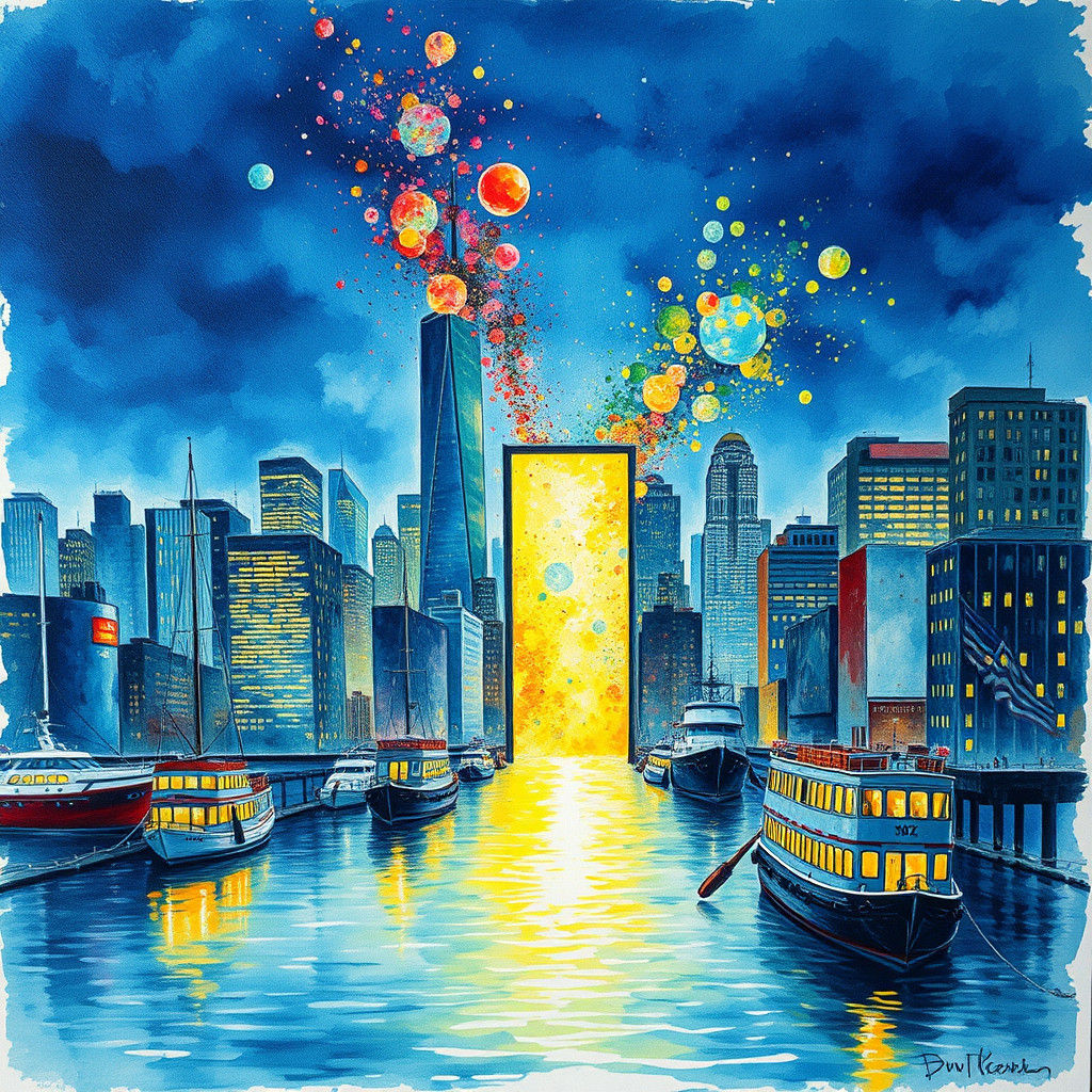 New York Harbor Portal in Impasto Gouache Style