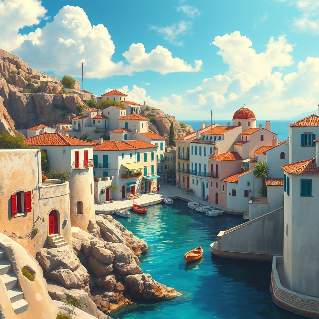 Idyllic Greek Seaside Village in Impressionist Style