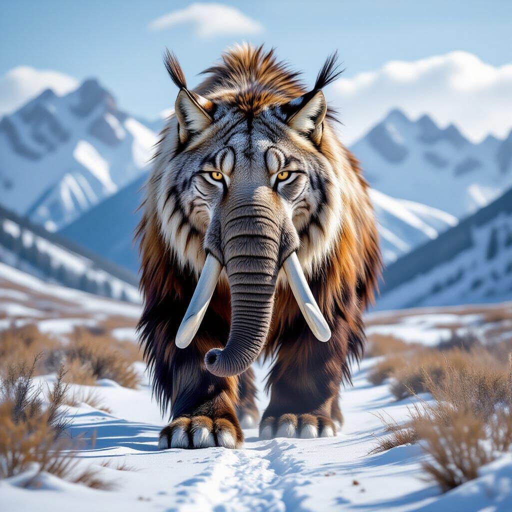 Woolly Mammoth Lynx Hybrid in Alpine Steppe
