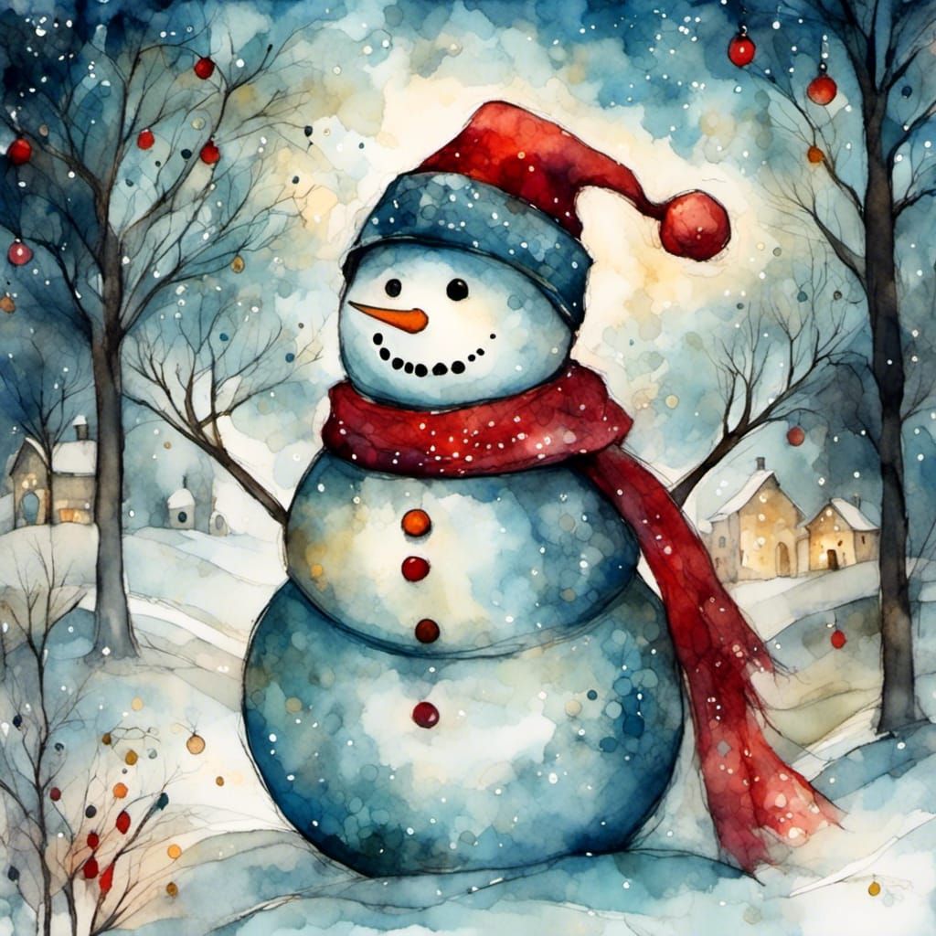 Festive Snowman with Christmas Lights and Santa Hat