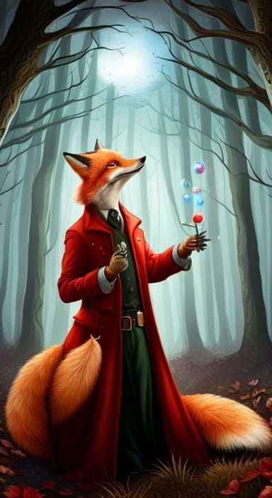 Gothic Fox Blowing Bubbles in Apocalyptic Forest