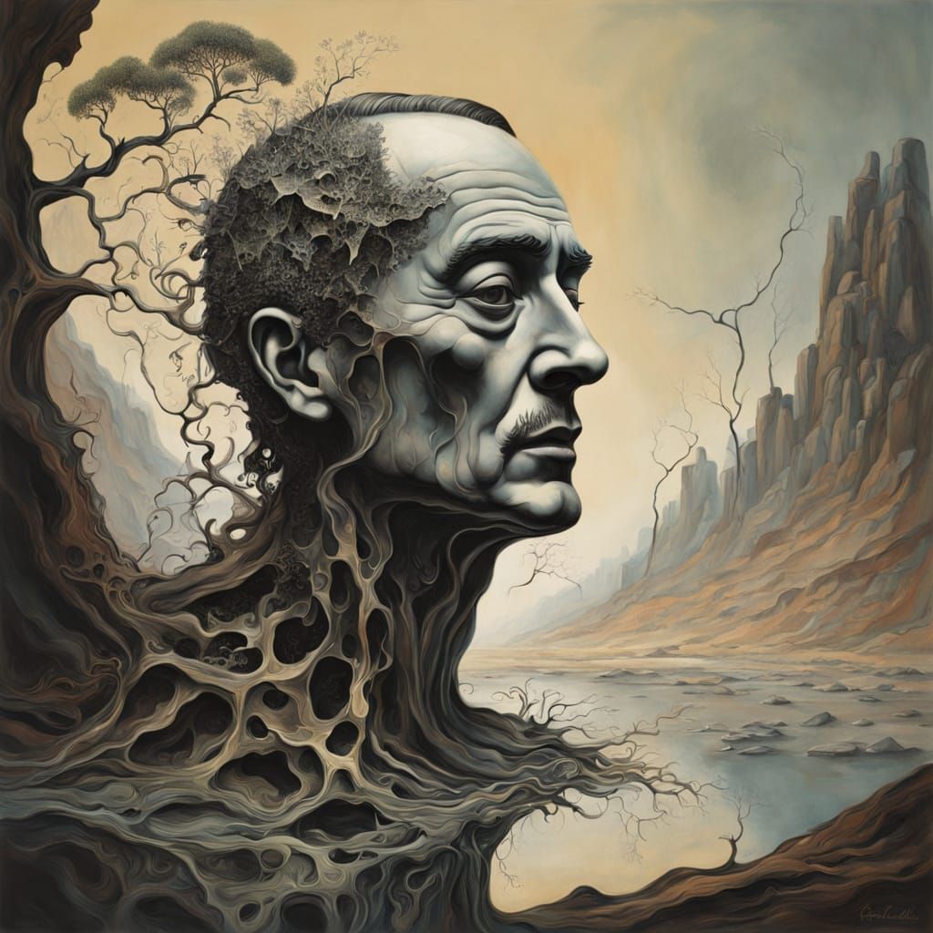 Surreal Leaf Face in Monochrome Ink Style