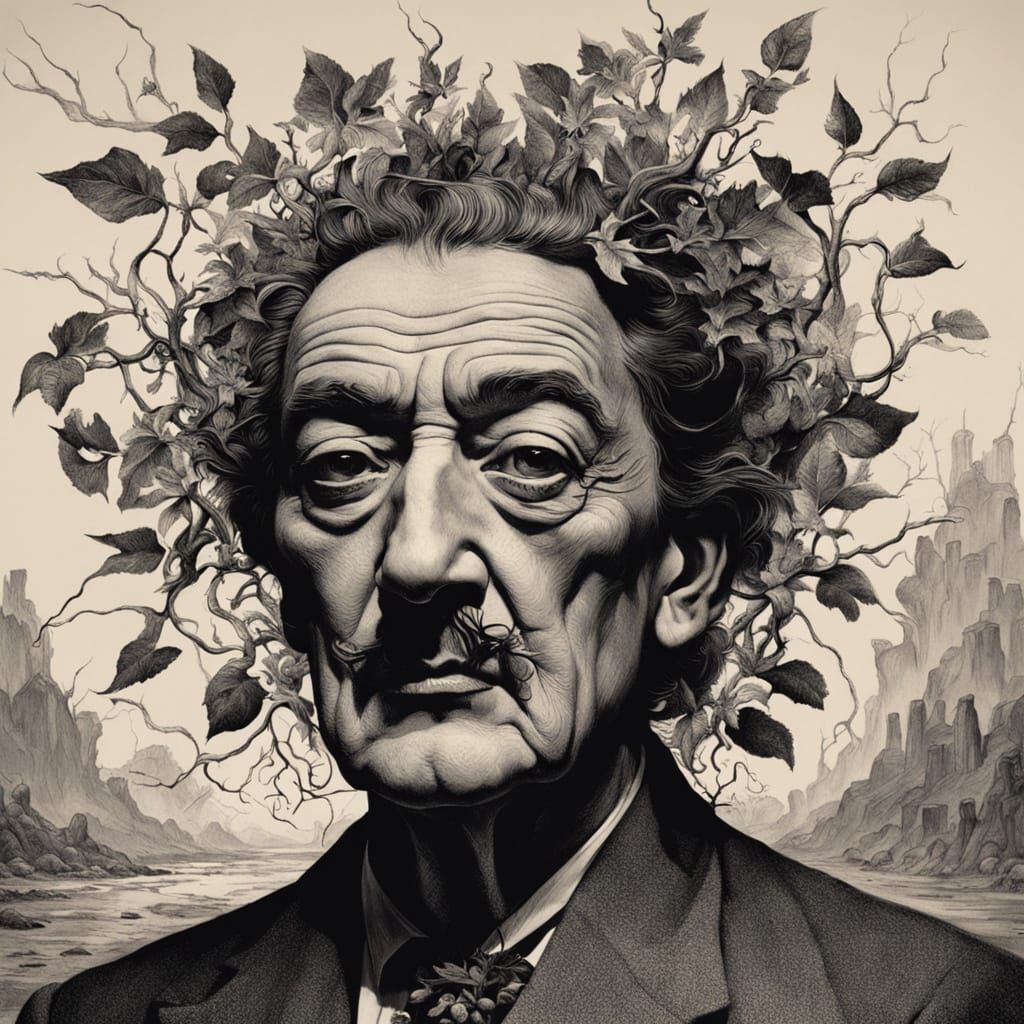 Ethereal Leaf-Faced Portrait in High Contrast Hatching