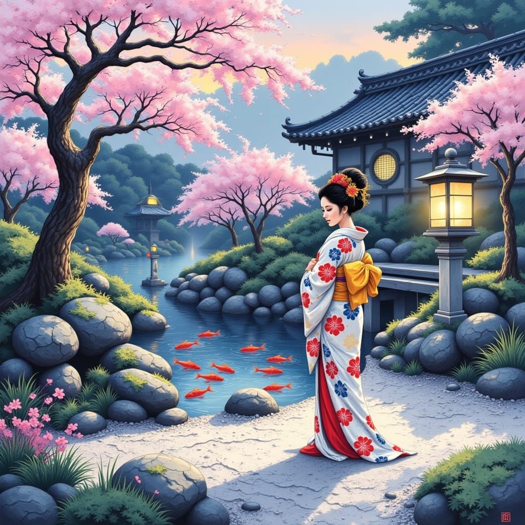 Serene Japanese Garden at Dusk with Geisha and Koi Pond