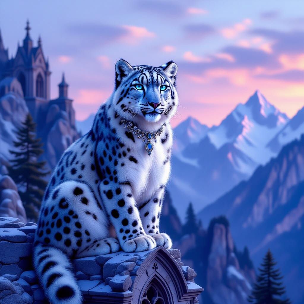 Snow Leopard on Gothic Cathedral in Hyperrealistic Style