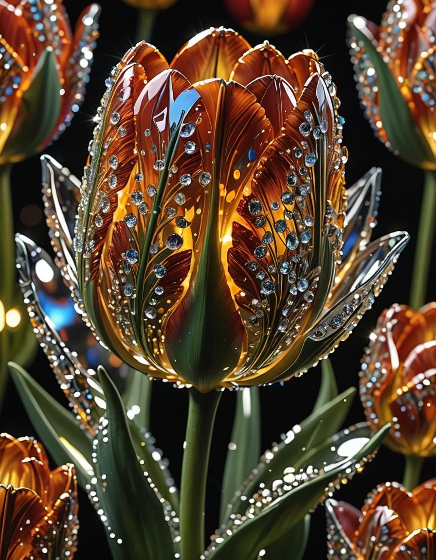 Luminescent Crystal Tulip in Micro Photography
