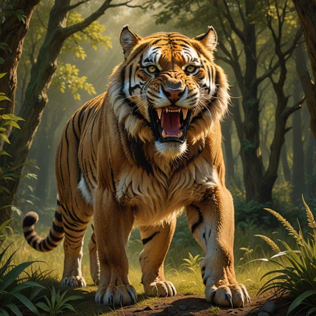 "A Smilodon fatalis, saber tooth tiger with its iconic elong...
