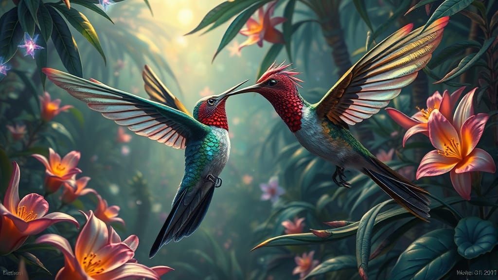 Biomechanical Hummingbird in Alien Jungle: Hyperdetailed Ren...