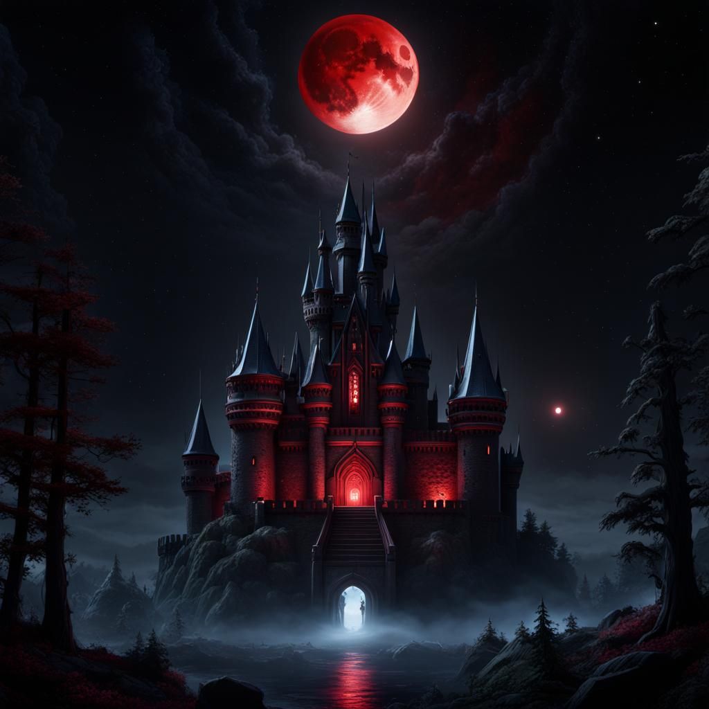 Dark castle under red moon.