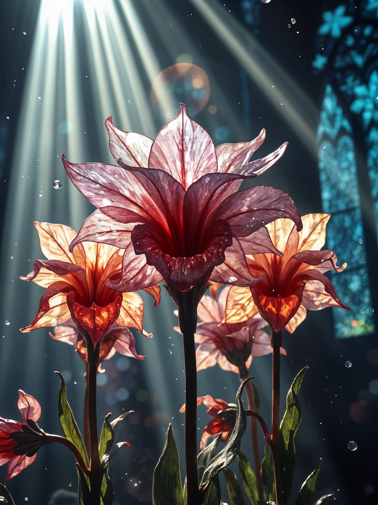 Surreal Stained Glass Flowers in a Gothic Dreamscape